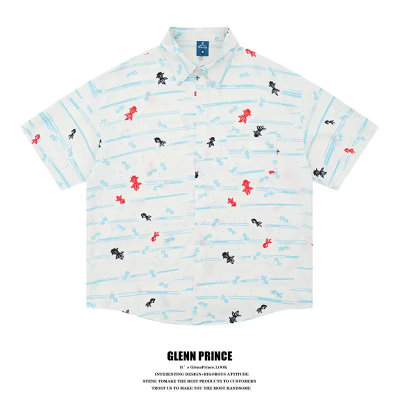 BEIANJI men clothing Japanese retro fun small fish full print short-sleeved shirt men's trendy brand loose casual flower shirt