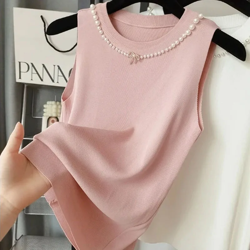 

Fashion Sleeveless Knitted Sweater Women Pullovers Beading Bow O-Neck Knit Sweater Pullover Women Tops Sueters De Mujer Q3401