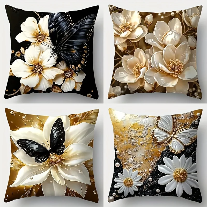 

4pcs Elegant Black & Gold Butterfly Floral Pillow Covers – Stylish Decor for Living Room Sofa & Home