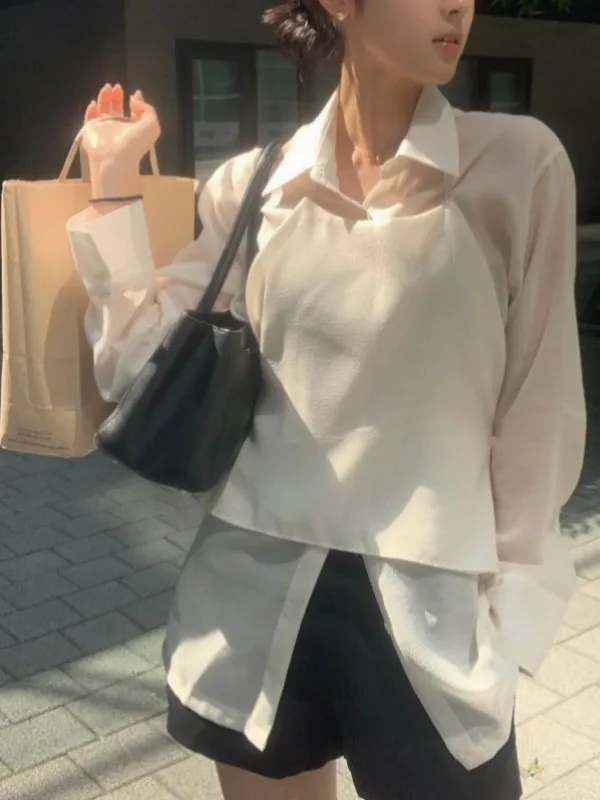

French Sle Loose Fit Long Sve irt Women's Faion Texture Sensation Collared Blouse with Strap Two Piece Set