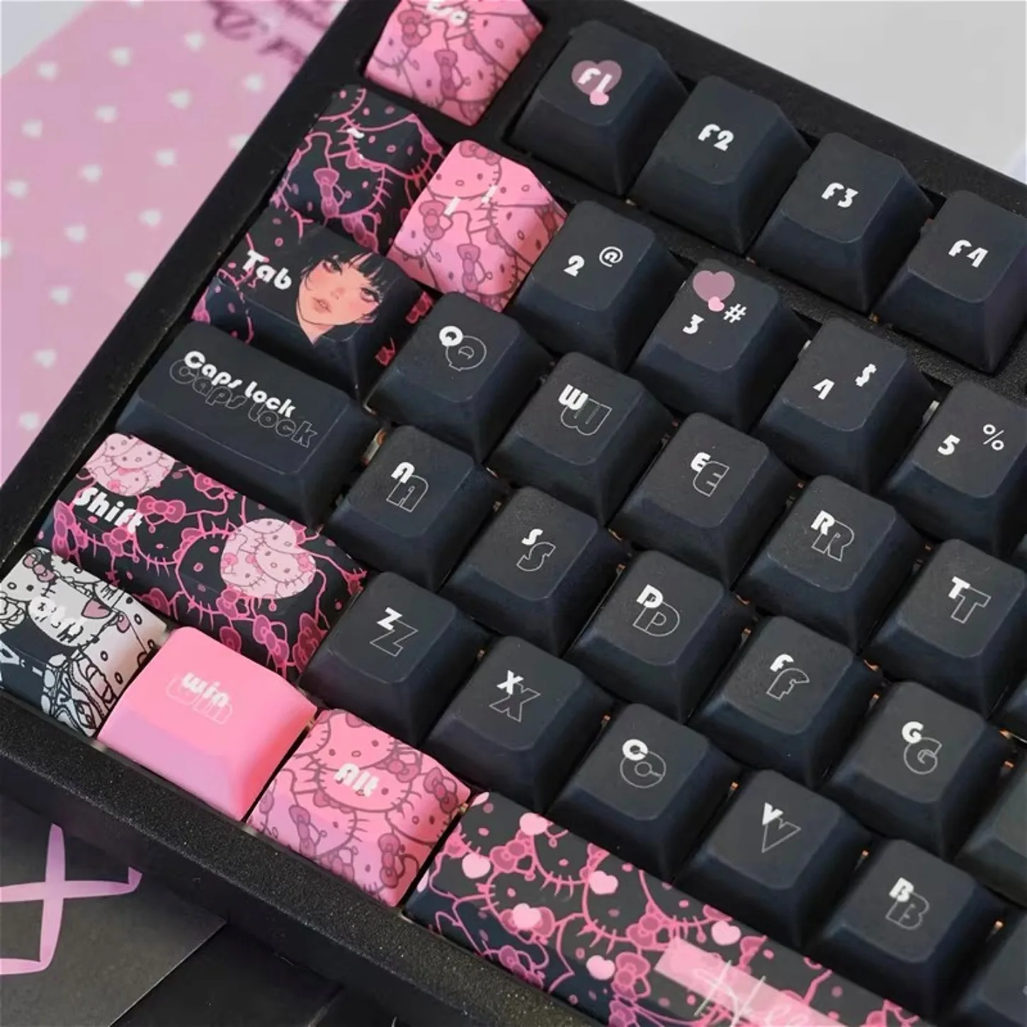 

Black Pink Sweet Cool Cherry Keycap PBT Heat Sublimation 130 Key Suitable for Girls Cute Mechanical Keyboard 61/75/87/104