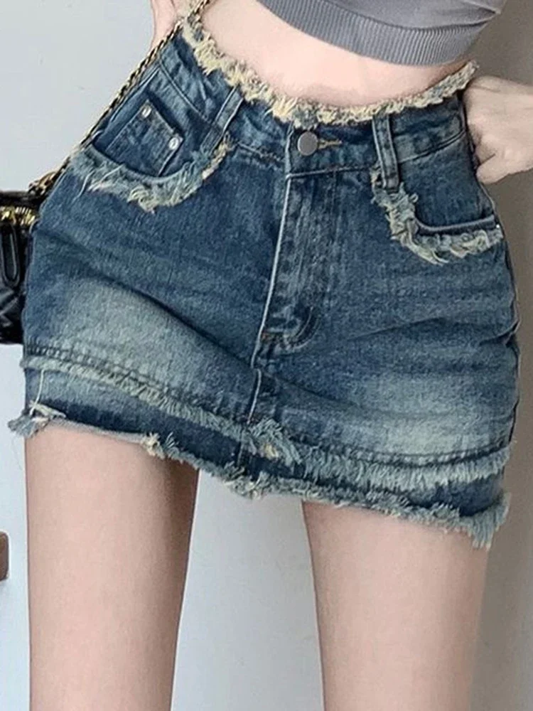 

Summer New Women High Waist Vintage Do Old Denim Skirt Lady A Line Sexy Streetwear Tassel Edge Jeans Female Blue Mini Dres