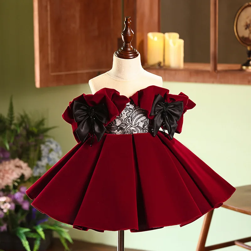 

Red Ball Gown Princess Evening Dress for Kids Noble Flower Girl Wedding Dress Solid Mesh Children's Day Christmas Party Dress