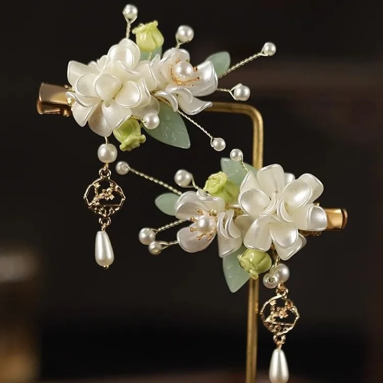 Elegant Chinese Hanfu Magnolia Flower Hair Accessories Set Pearl Tassel Clips Comb Pins For Women Cheongsam Cosplay Party Wear