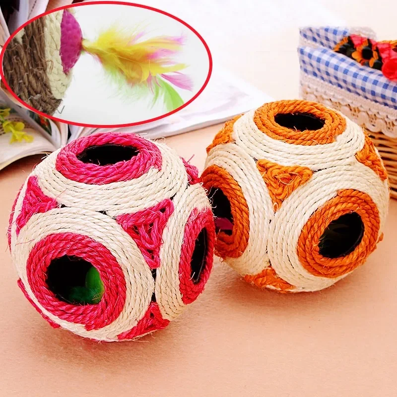 Cat Toys Sisal Ball Interactive Cat Toy Feather Catch Ball Toys for Cats Teeth Chew Proof Pet Toy with Feather Bell Pet Products