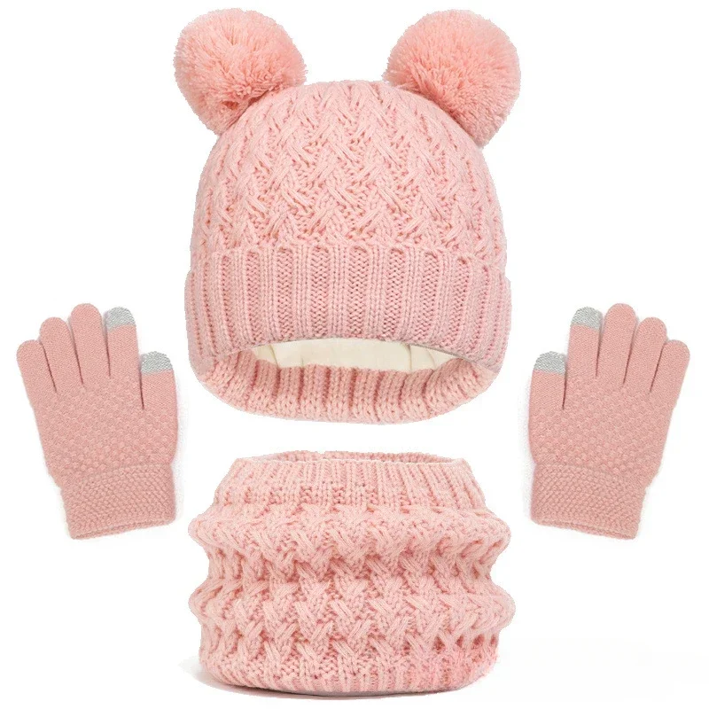 PomPom Knit Kids Beanie Scarf Gloves Set for Boys Girls Winter Hats Cute Fleece Children Beanie Hats Kniited Necker Warmer 3PCS