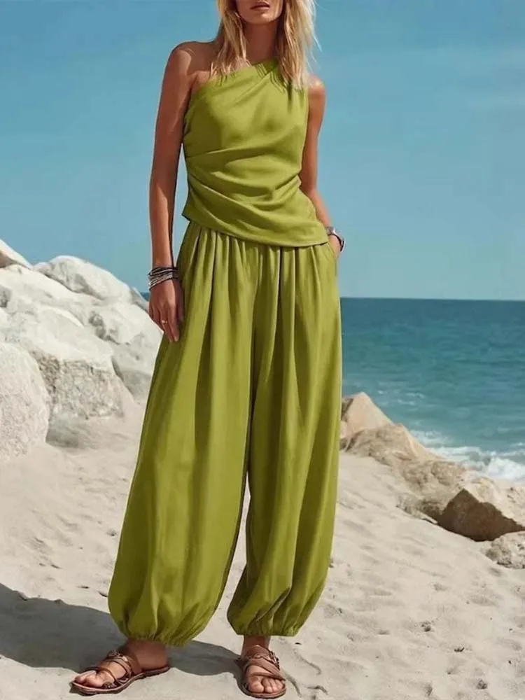 

2026 Summer Slanted Collar Folds 2 Piece Set Women Sleeveless Tank Top High Waist Wide Leg Pants Casual Loose Outfit Streetwear
