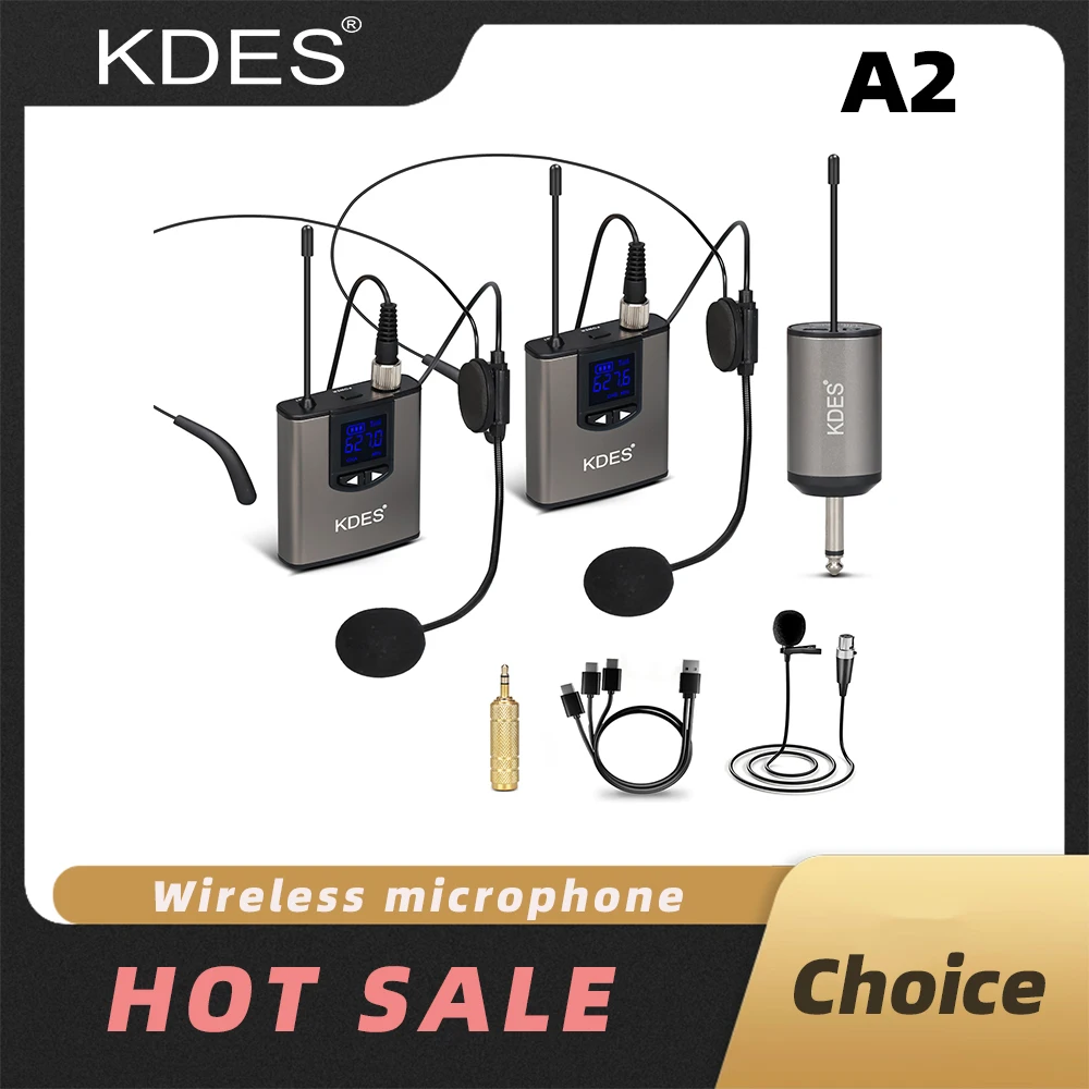 KDES Sistema con micrófono inalámbrico dual Auriculares con micrófono/Micrófono de pie/Micrófono de solapa Lavalier con transmisor y receptor de petaca recargable