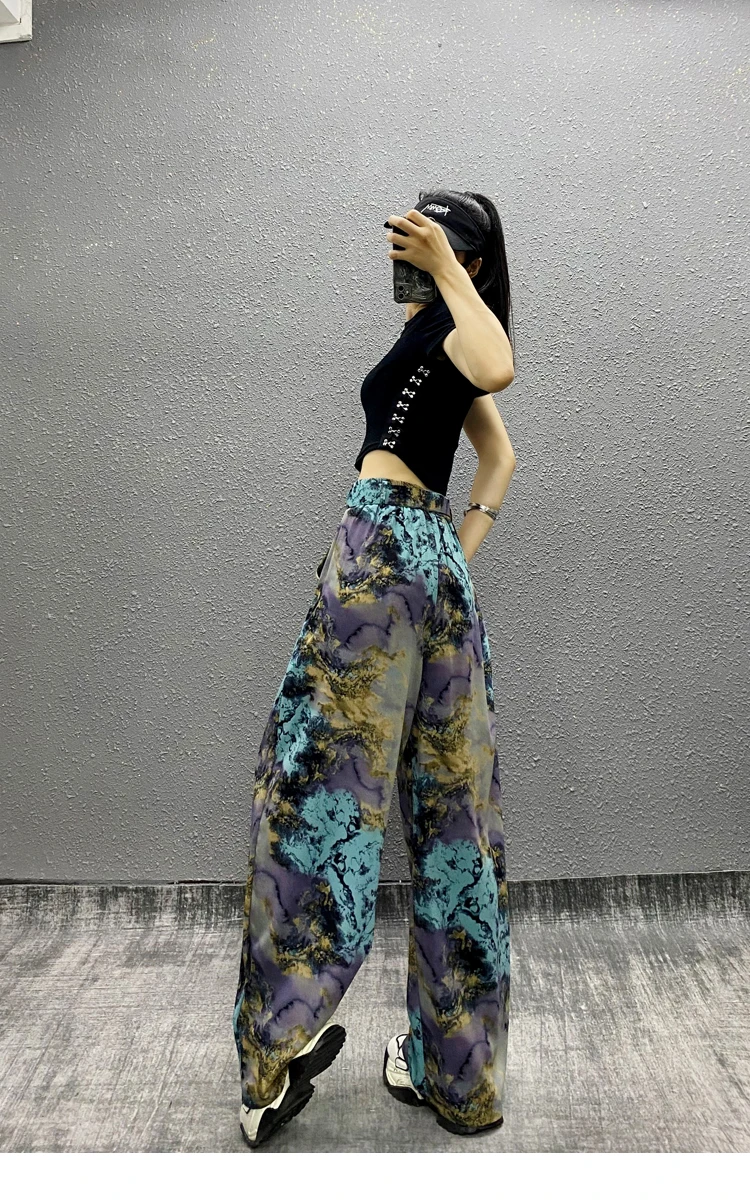 2025 Summer Women's New Fashionable Colorful Printed Design Wide-Leg Pants High Waist Loose Slimming Straight Casual Pants
