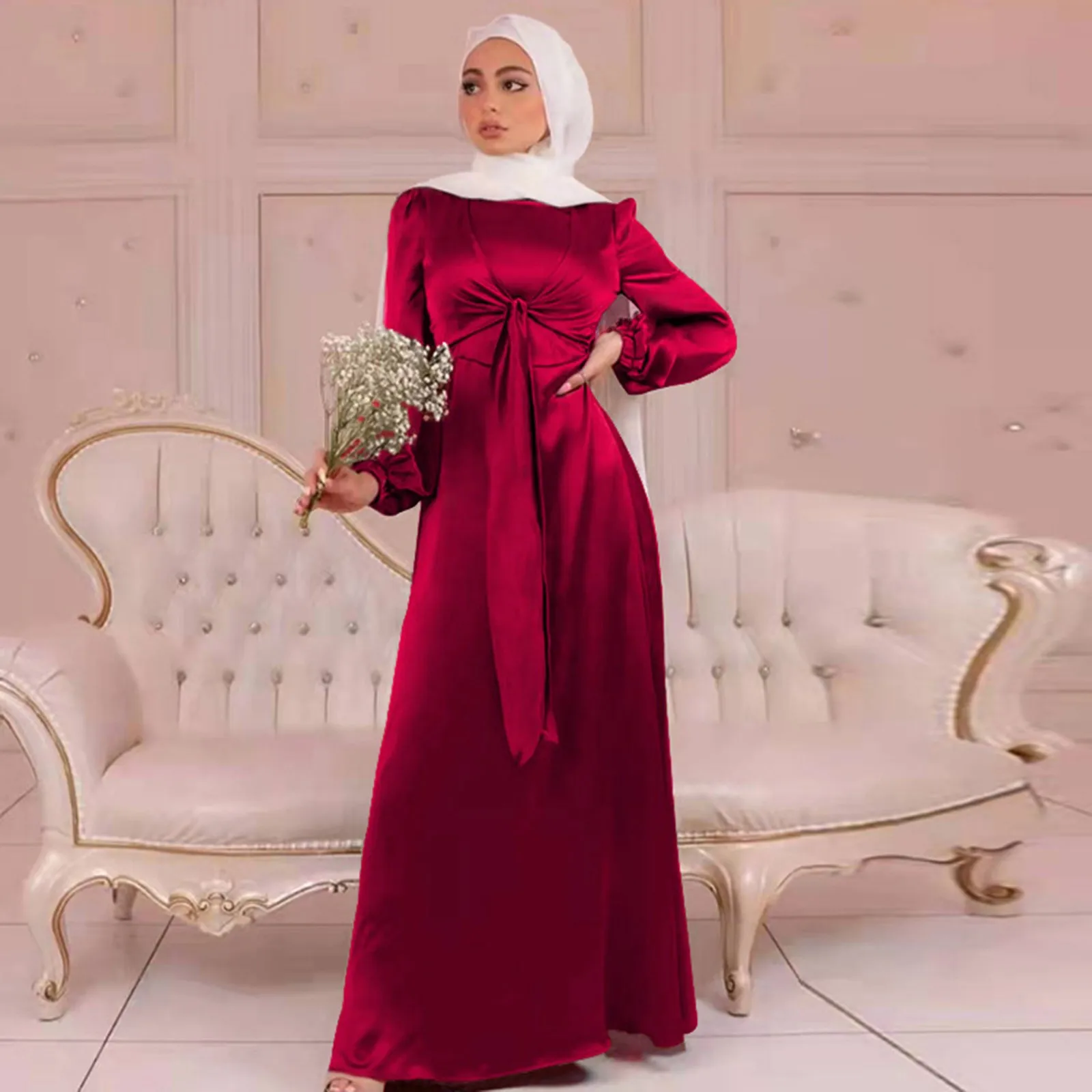 Women Muslim Satin Dress Soft Elegant Solid Long Dress Loose Waist Lace Up Casual Elegant Party Dress Hijabs for Girls S-2XL