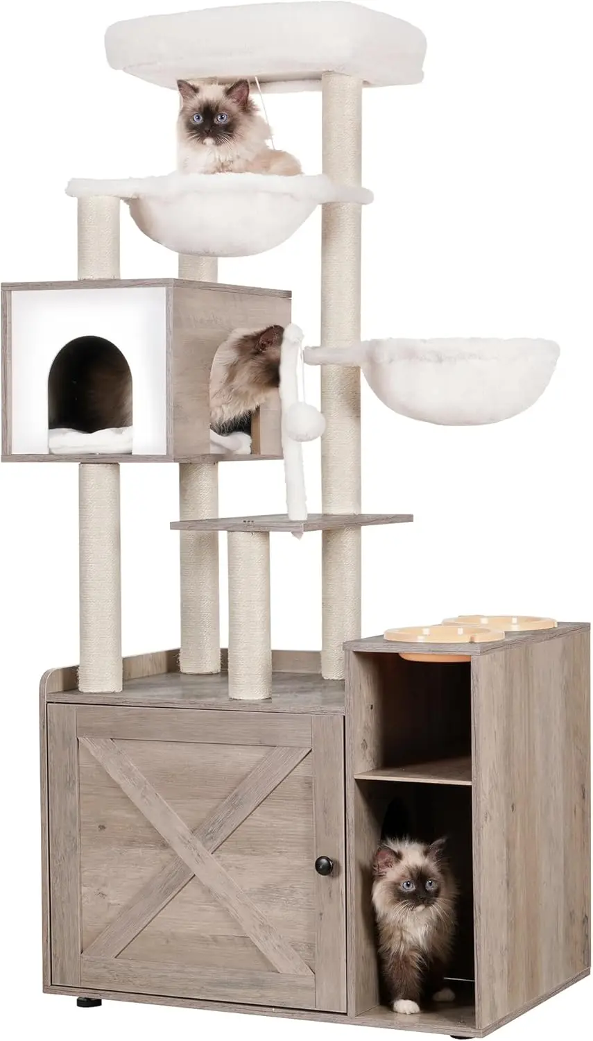 

Cat Tree with Litter Box Enclosure, Modern Cat Tower for Indoor Cats with Large Platform, Condo Food Station and 2 Hammocks