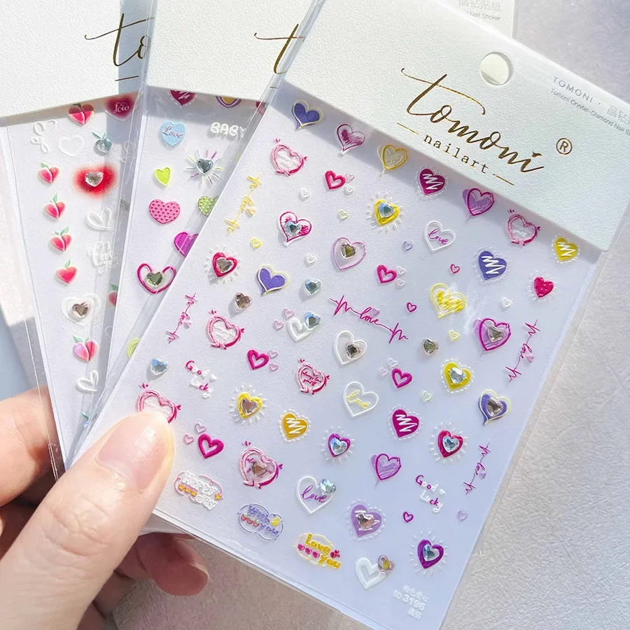 Colorful Rhinestone Love Peach Heart Line Crystal Baby 5D Soft Embossed Relief Self Adhesive Nail Art Sticker 3D Manicure Decal