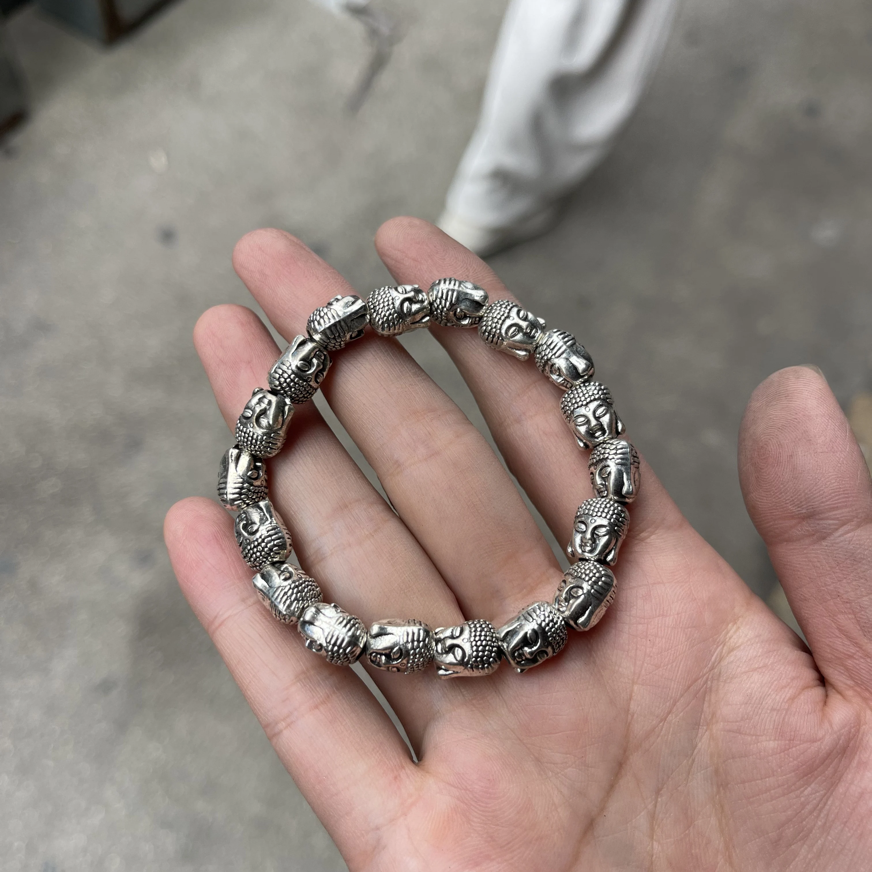 Vintage Tibetan Silver Buddha Head Beaded Bracelet Men Women Elastic Buddha Prayer Bead Bangle Religious Jewelry Gift