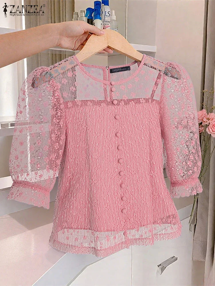 

ZANZEA 2025 Lace Blouse Casual Seethrough Tops Women 3/4 Puff Sleeve Bohemian Hollow Out Tunic Summer Blusas Fashion S-3XL