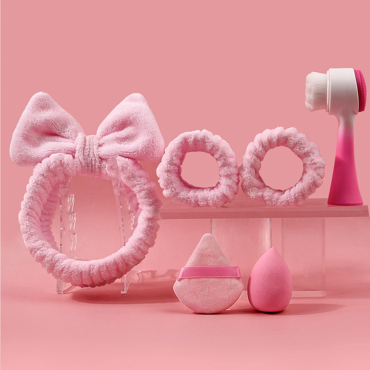 4 peças de faixa de cabelo de arco super absorvente/alça de pulso/escova facial + 2 peças de esponja sem entupimento em forma de leque de ovo