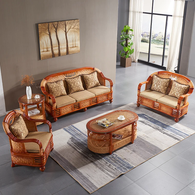 True rattan sofa five-piece set combination rattan woven sofa solid wood rattan bamboo sofa