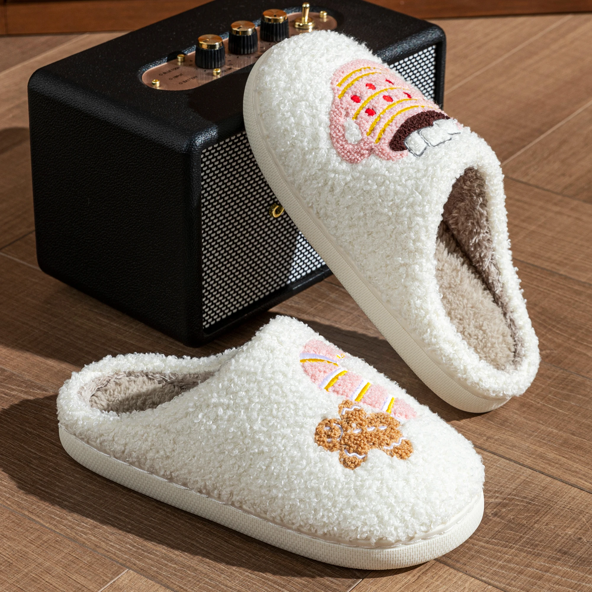 Christmas Embroidery Cute Hot Cocoa Candy Cane Bear Women Slippers Warm Fluffy Slip On Anti-slip Couple Home Shoes