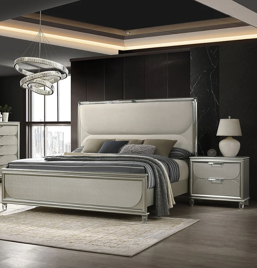 ！@Luxury Silver Wood Upholstered Modern Soft Bed King Size Bed w LED 2x Nightstands Embossed Panel 3pc Set Bedroom Furniture