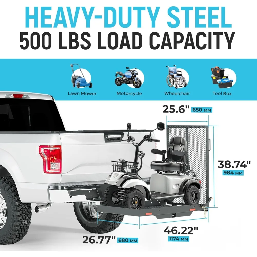 46,2 x 26,8 x 38,7 Zoll Anhängerkupplungsträger mit Rampe, faltbar, 500 Pfund Kapazität, Anhängerkupplungsmontage, Stahl-Rollstuhlträger, Mobilität