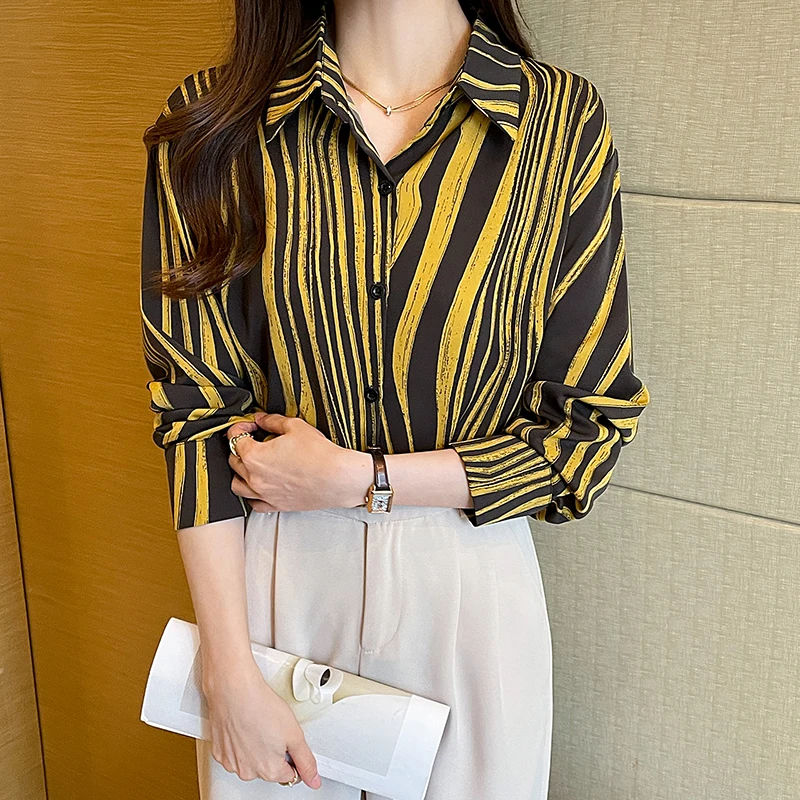 Women Spring Simplicity Loose Temperament Striped Chiffon Polo-Neck Long Sleeve Shirts Women Clothes Casual All-match Trend Tops