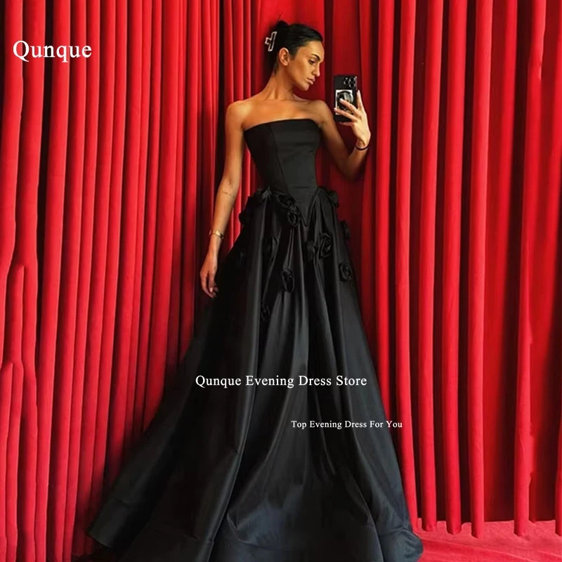 

Qunque Black A-line Prom Gowns Boat Neck 3D Flowers Formal Party Gown Customized Floor Length Evening Dress Vestidos De Fiesta