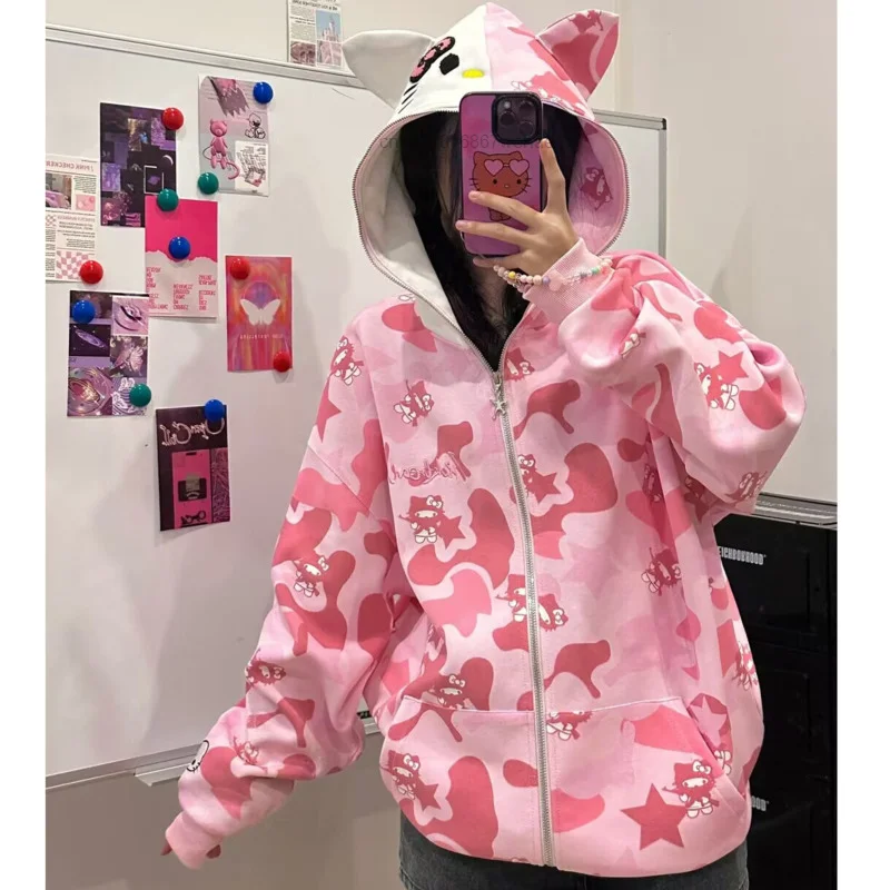 Sanrio Hello Kitty Camo Pink Cotton Hooded Embroidered Sweatshirt Women's Loose Zipper Coat Fashion Streetwear Hoodies Clothes