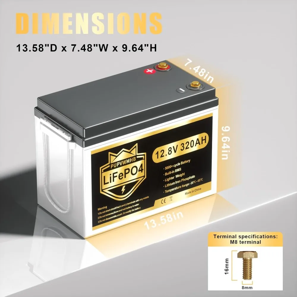 12V 320Ah Lithium LiFePO4 Battery, Built-in Smart 200A BMS, Up to 15000 Cycles, 4096Wh- Energy for Solar RV Camping Off-Grid