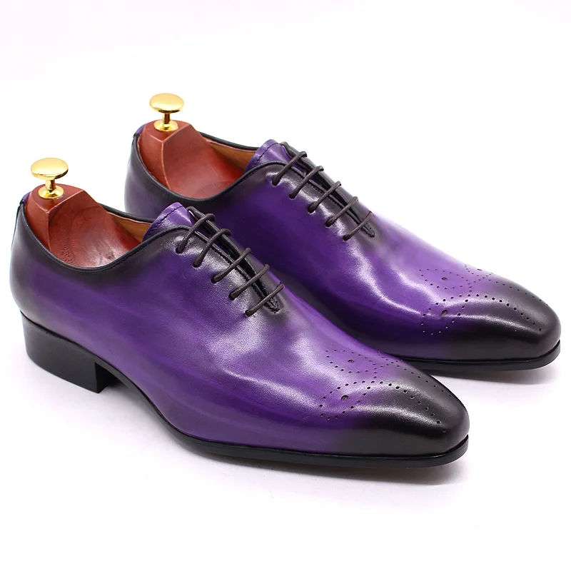 Italian Mens Genuine Leather Dress Shoes Blue Purple Oxfords Wedding Party Formal Shoes Whole Cut Elegant Men's Footwear