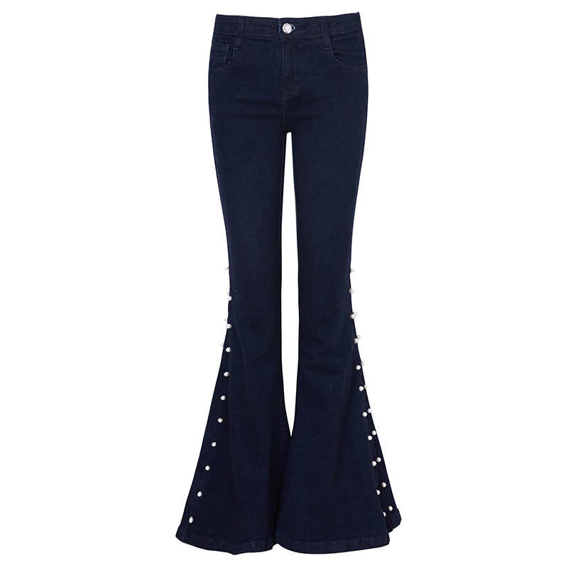 

Denim Pants Women 2023 Spring Autumn New Fashion Trumpet Trousers Female high waist Slim Stretch Bead Pearl Jeans