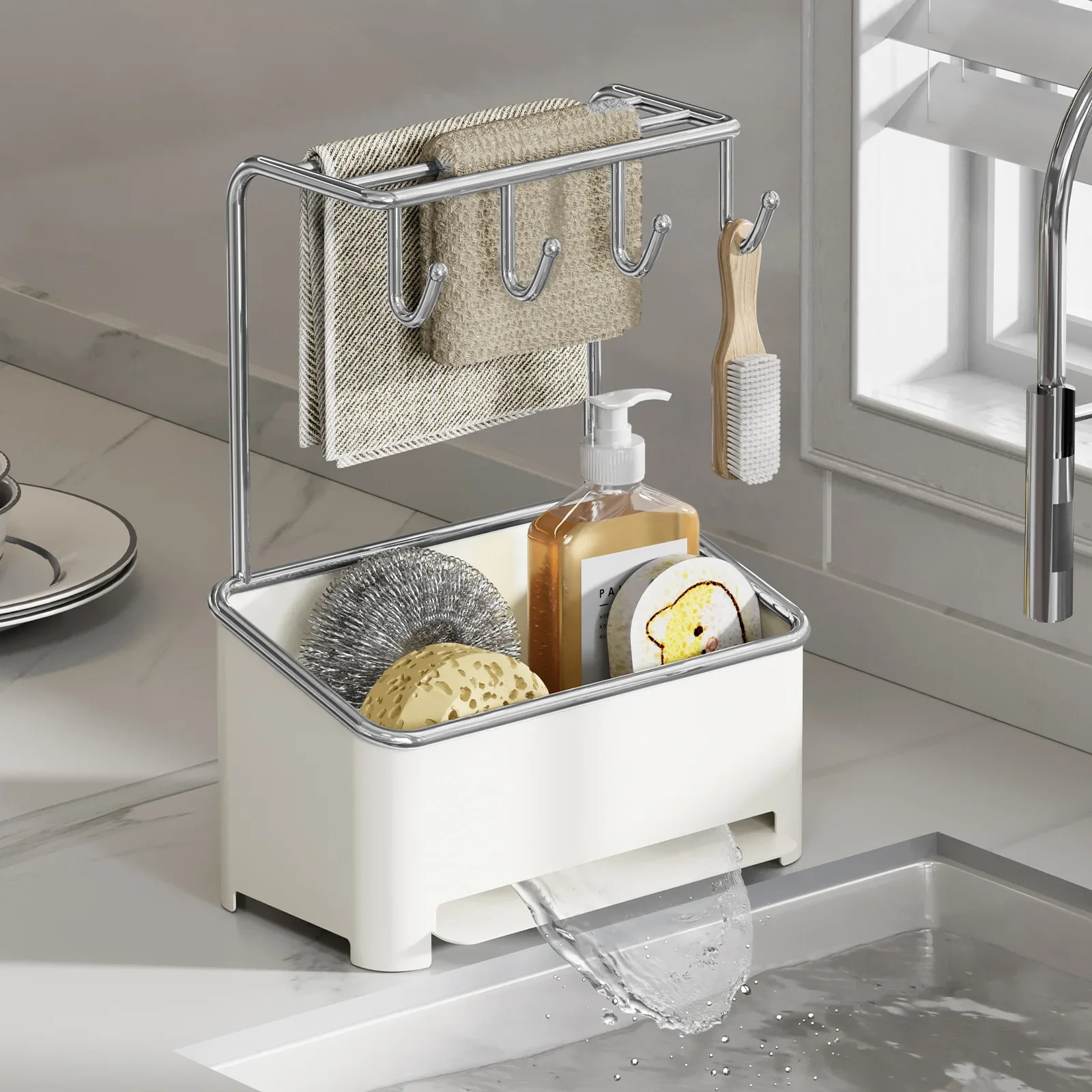 Kitchen rack, drain rack, sink, finishing rack, towel, sink, countertop faucet, rag, storage rack.