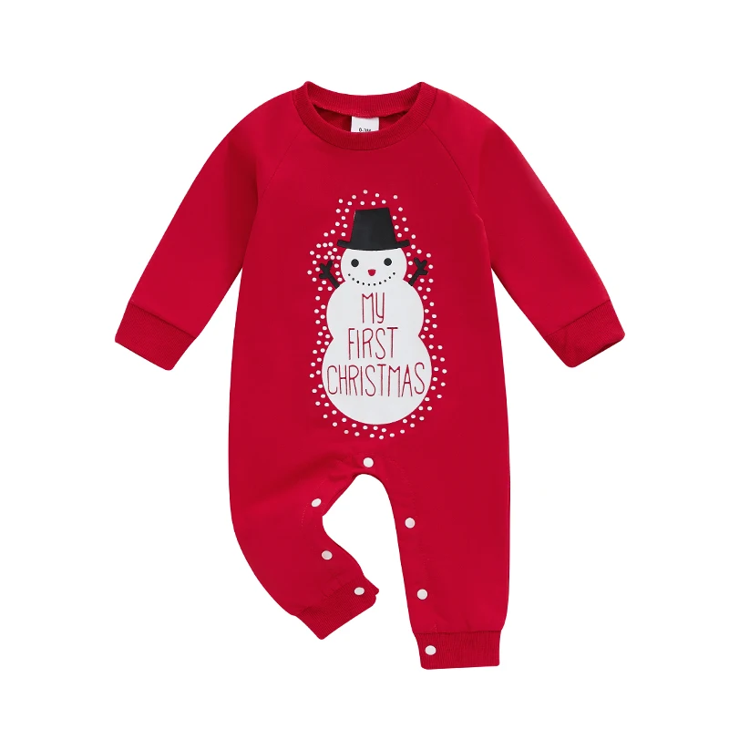 

Baby Girls Boys Christmas Jumpsuit Long Sleeve Crewneck Snowman Print Casual Romper