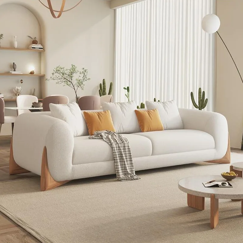 Log cream wind sand hair small living room furniture Japanese wabi-Sabi style straight row three lamb velvet sofa