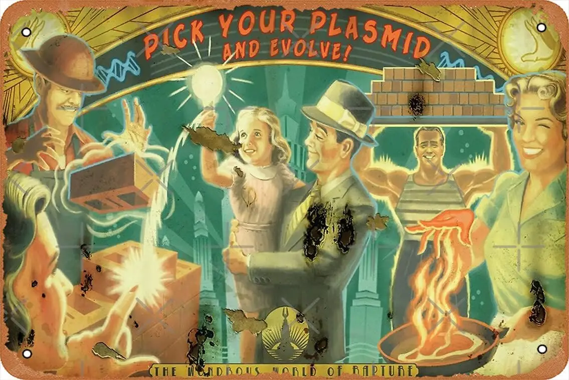 Panneau décoratif mural - Bioshock – Affiche « Choisissez votre plasmide et évoluez » - Panneau en métal vintage, décoration artistique pour bar, bar cave, ou man cave.