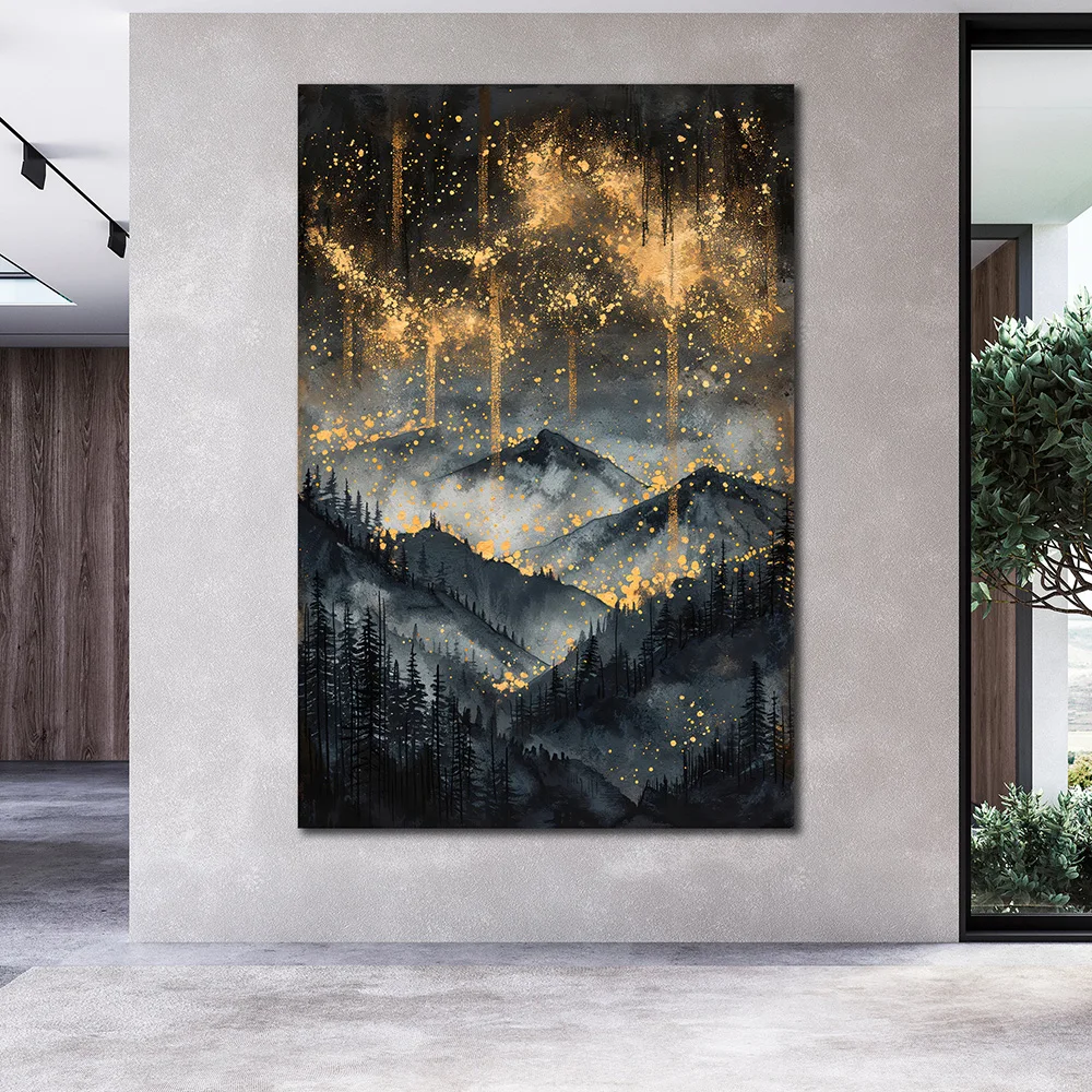 

Gold Black Starry Night Mountain Landscape Painting Abstract Wall Art Canvas Poster Print Pine Forest Picture Room Decor Cuadros