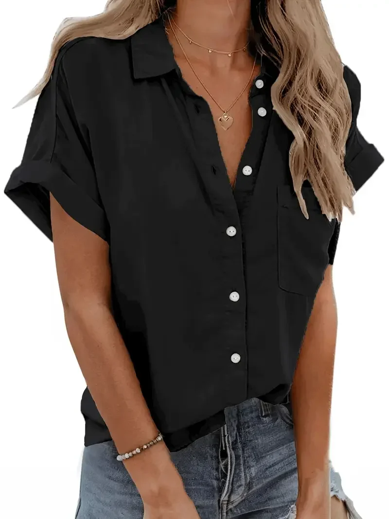 

Большие размеры 1XL-5XL, женская летняя повседневная однотонная рубашка на пуговицах с коротким рукавом, женская модная блузка с воротником с лацканами, рубашка