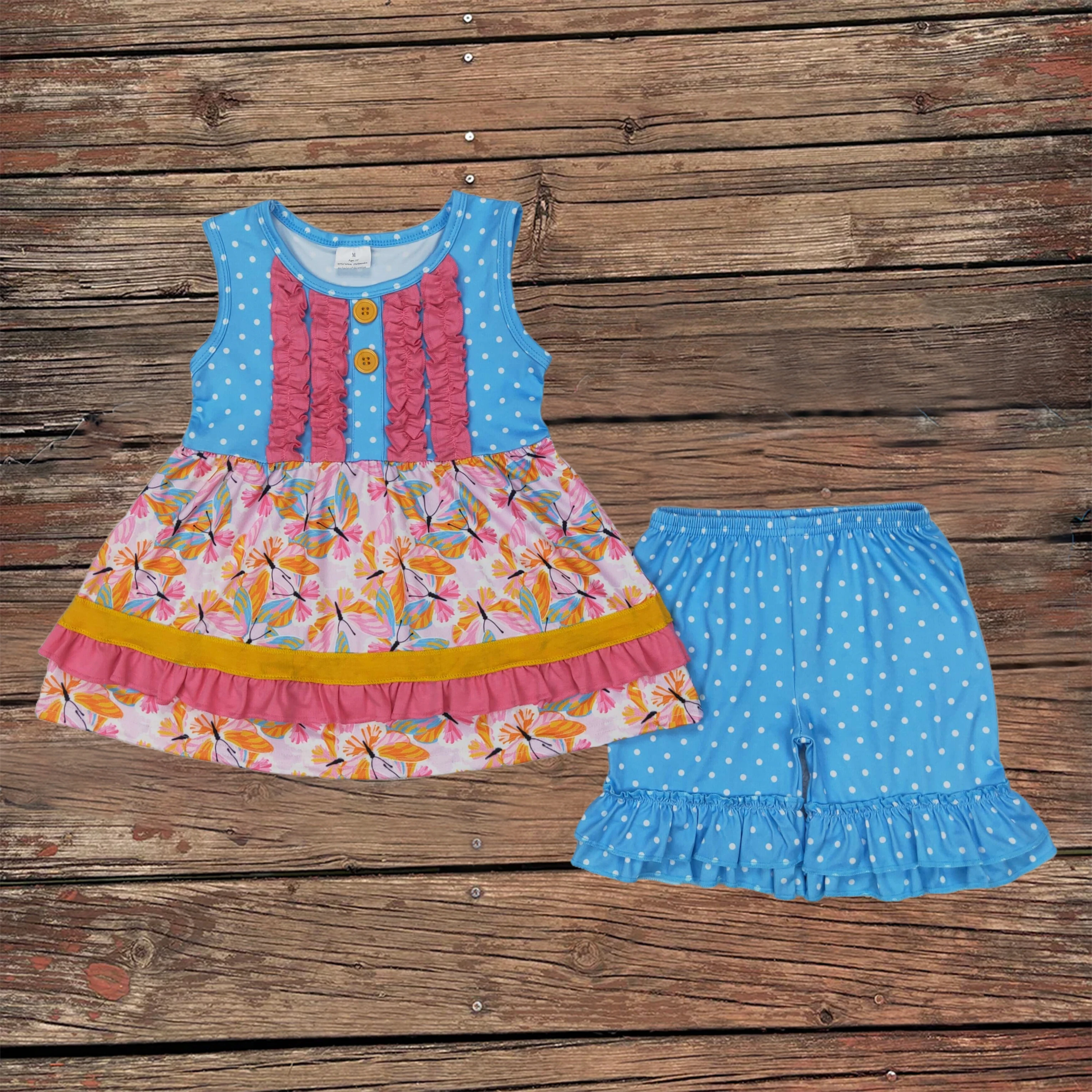

Wholesale Children Summer Sets Toddler Butterfly Buttons Tunic Ruffle Shorts Outfits Kids Clothes Boutique Baby Girl Clothing