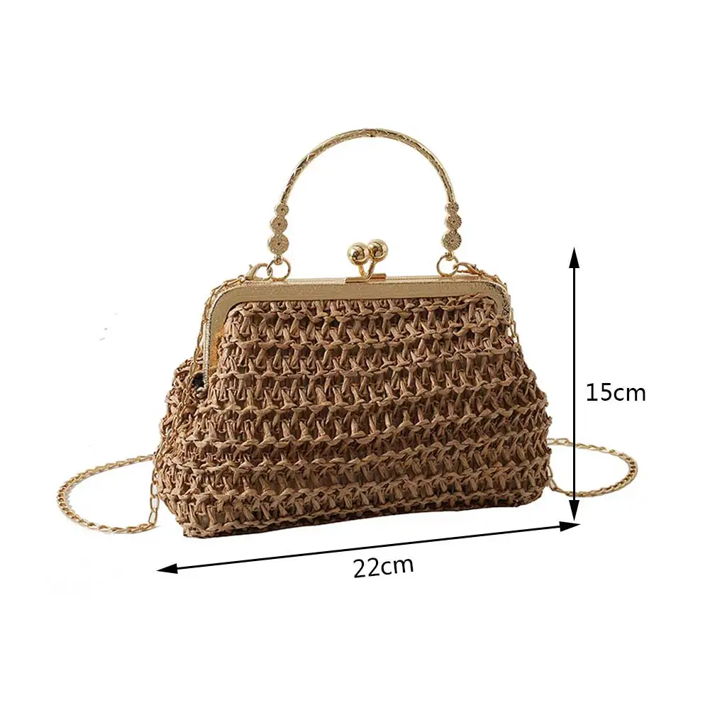 Women Exquisite Evening Bag Gold Chain Party Banquet Purse Hand Woven Straw Handbag Female Clutch Bag Shoulder Crossbody Bags