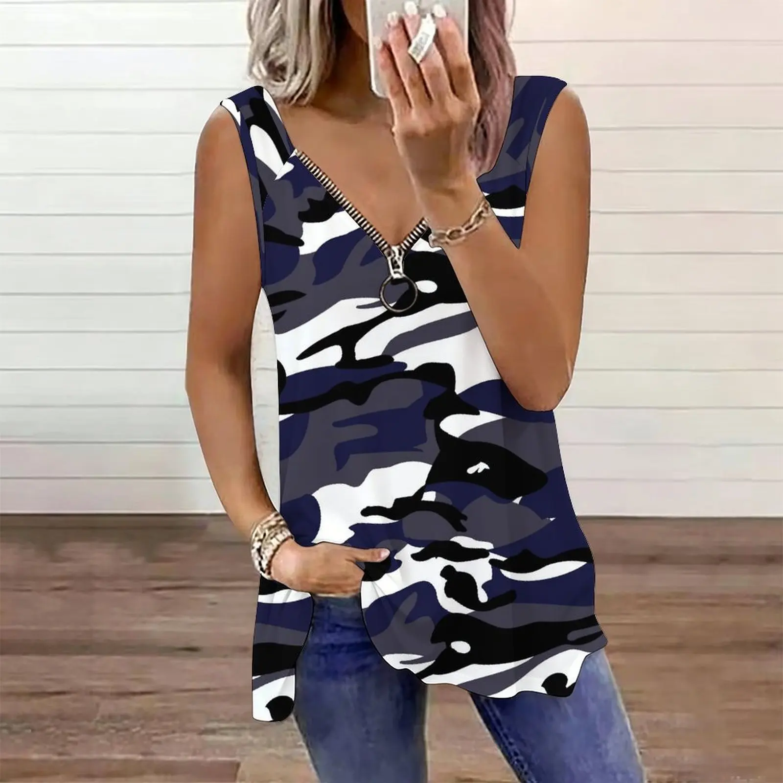 Women Print Tank Top Zip V Neck Sleeveless Tunic Shirt Irregular Hem Casual Summer Vest