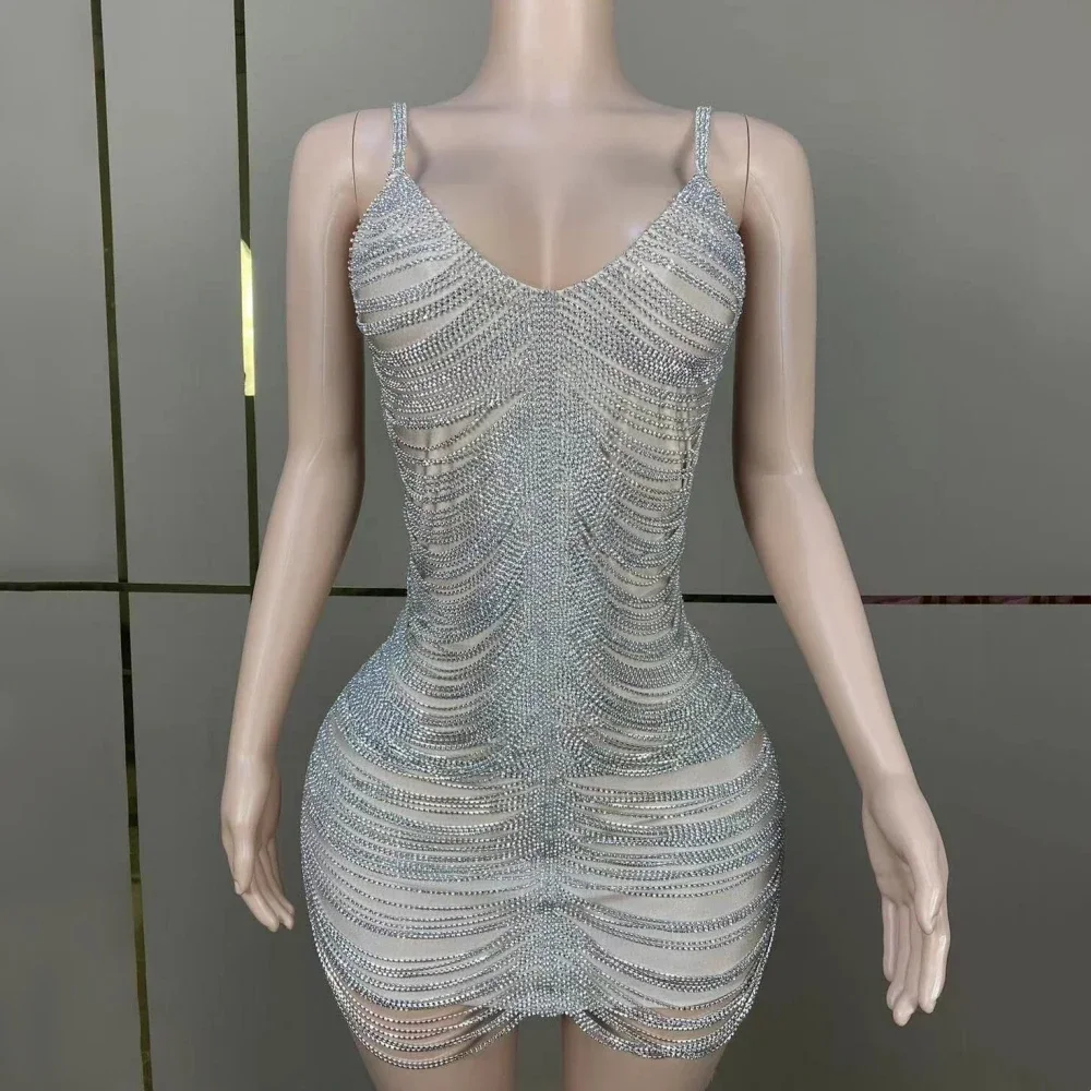 

Sexy Beige Mesh Flashing Diamonds Chain Sling Sheath Dress Evening Party Performance Costume Bar Nightclub Singer Stage Wear