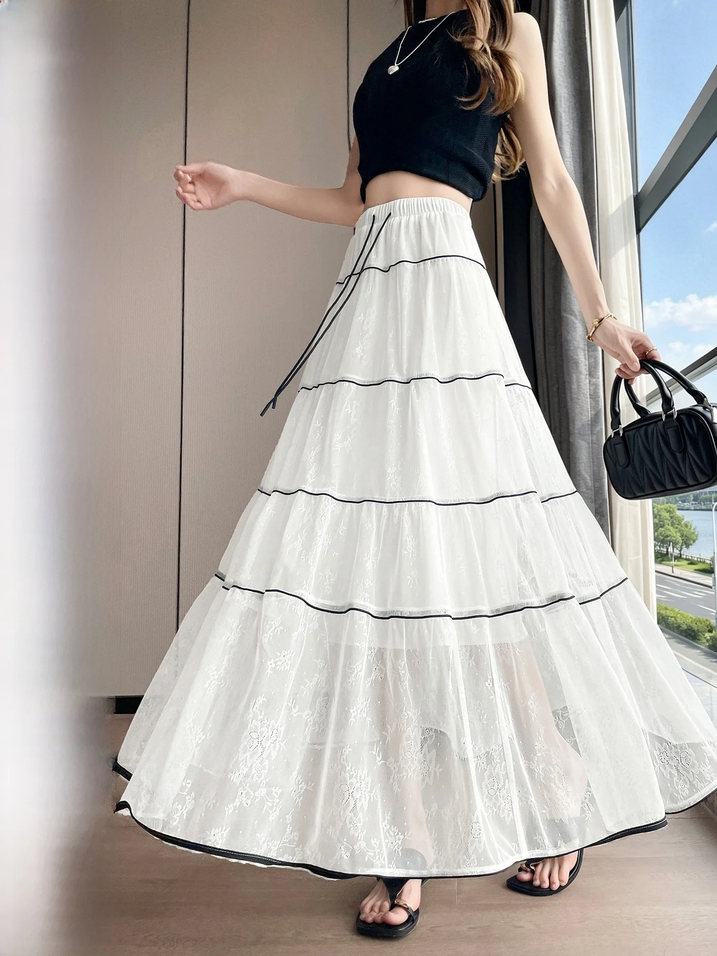 summer-new-style-lightweight-mesh-half-skirt-women's-high-waist-a-line-ballet-style-long-skirt-soft-comfortable-with