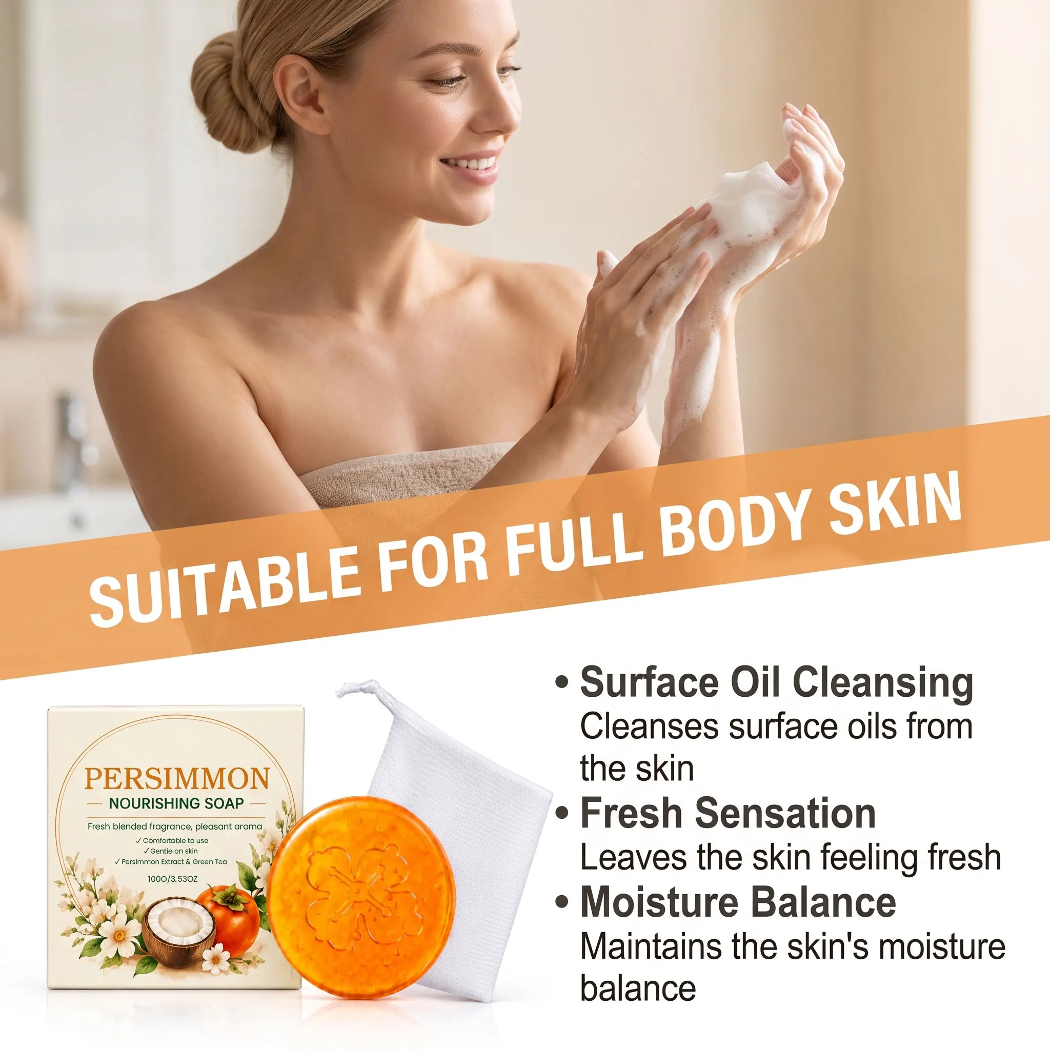 100G Persimmon Body Soap Rich Bubble Gentle Cleaning Pores Non-tight Lasting Fresh Fragrance Hydrating Smoothing Body Soap Bar