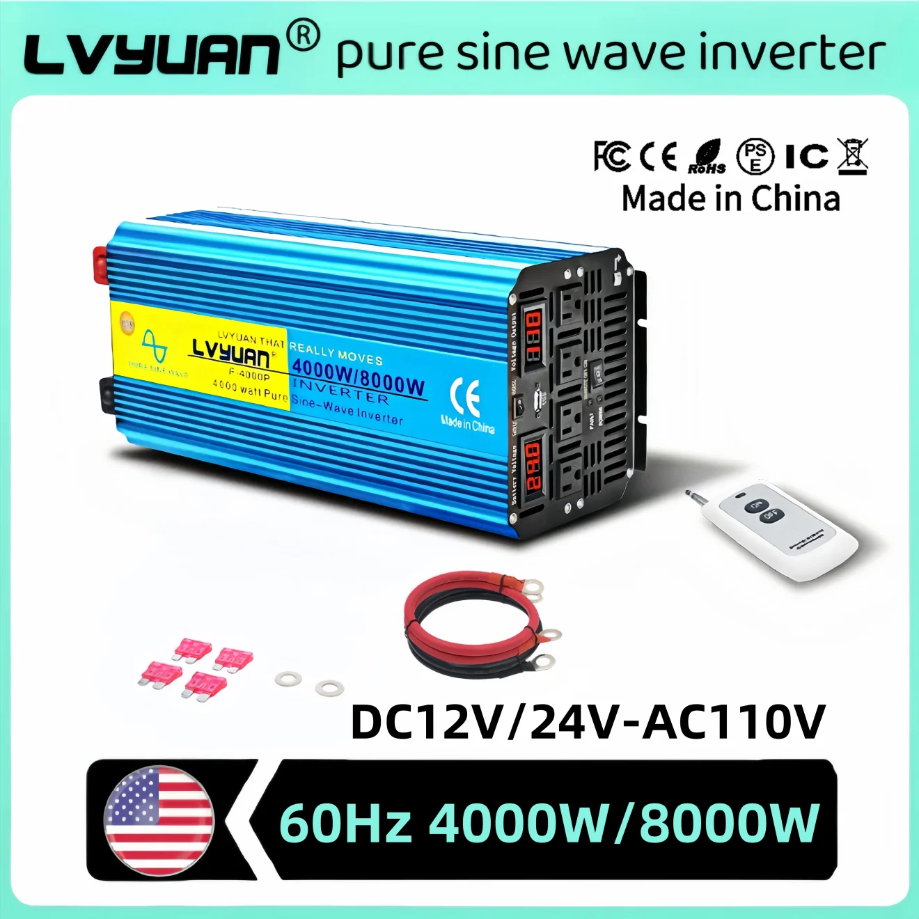 AC110V Inverter 8000W Pure Sine Wave Inverter DC12V/24V- AC120V 60Hz Solar Power Professional Converter