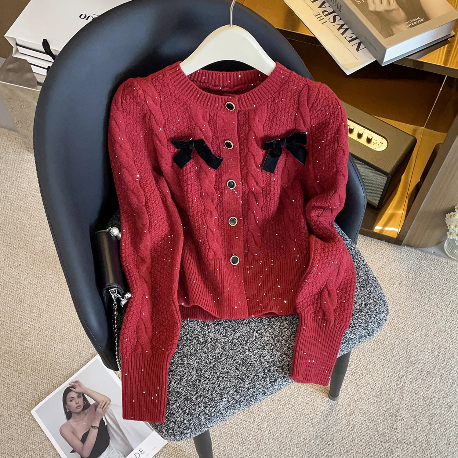 

iny Sequin Knitted Open Cardigan Ele Anti-Aging Knot Winter New Arrival High-End Women's Faion Sweater