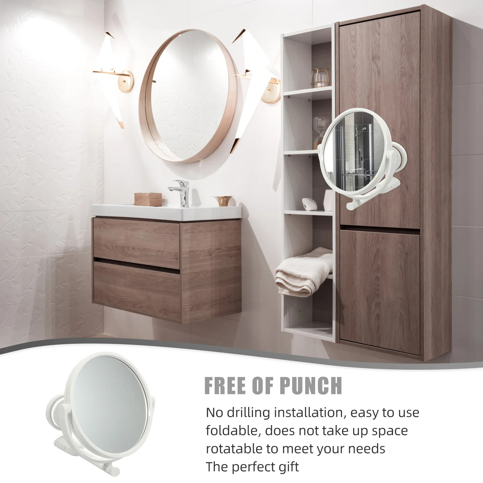 

Foldable Rotary Makeup Mirror Glass ABS Material Punch Free Design Wall Mounted Bathroom Mirror for Home Decor