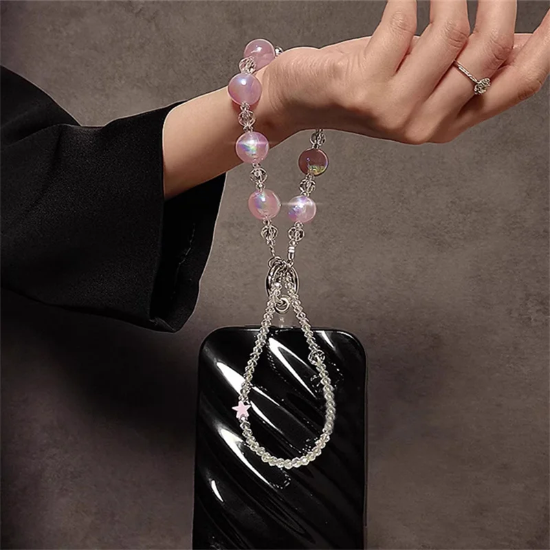 Y2k Korea Luminous Bead Star Clear Hand Chain Wrist Short Lanyard With Clip Mobile Phone Case Cute Keychain Pendant Accessories