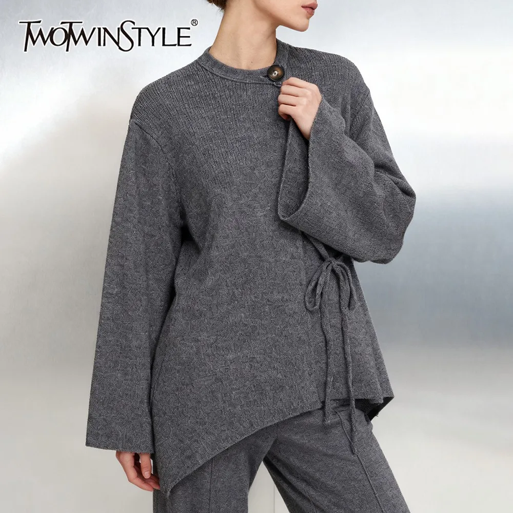 

TWOTWINSTYLE Gray Elegant Wool Coat for Women Round Neck Long Sleeve Loose Spliced Lace Up Minimalist Coats Female Winter Style