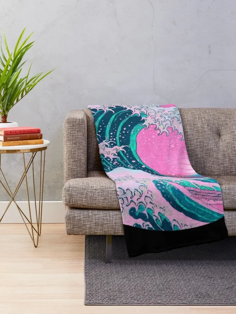 Vaporwave Aesthetic Great Wave Retro Sunset Throw Blanket Stuffeds anime Retros Hair Blankets