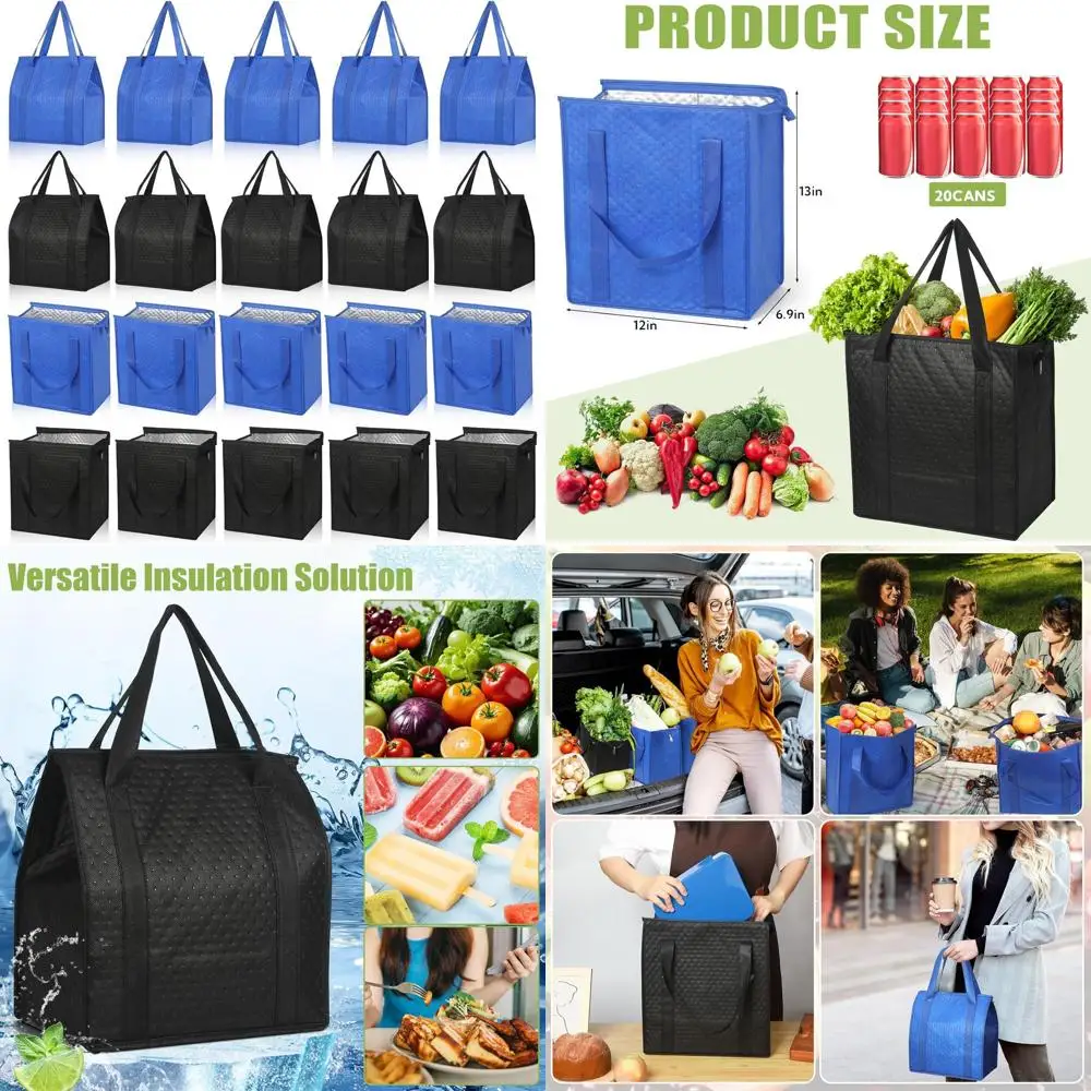 20 Pack Insulated Zippered Grocery Bags with Handles, Large Collapsible Cooler Totes for Temperature-Controlled Food