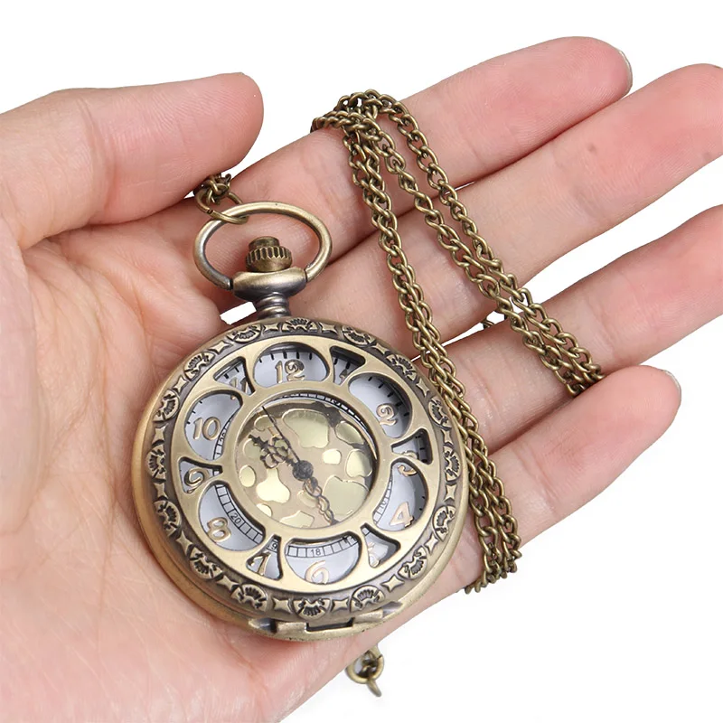 1pc Vintage New Fashion Skeleton Watches Sunflower Petals Carved Case With Chain Pocket Watch Necklace Jewelry Birthday Gifts