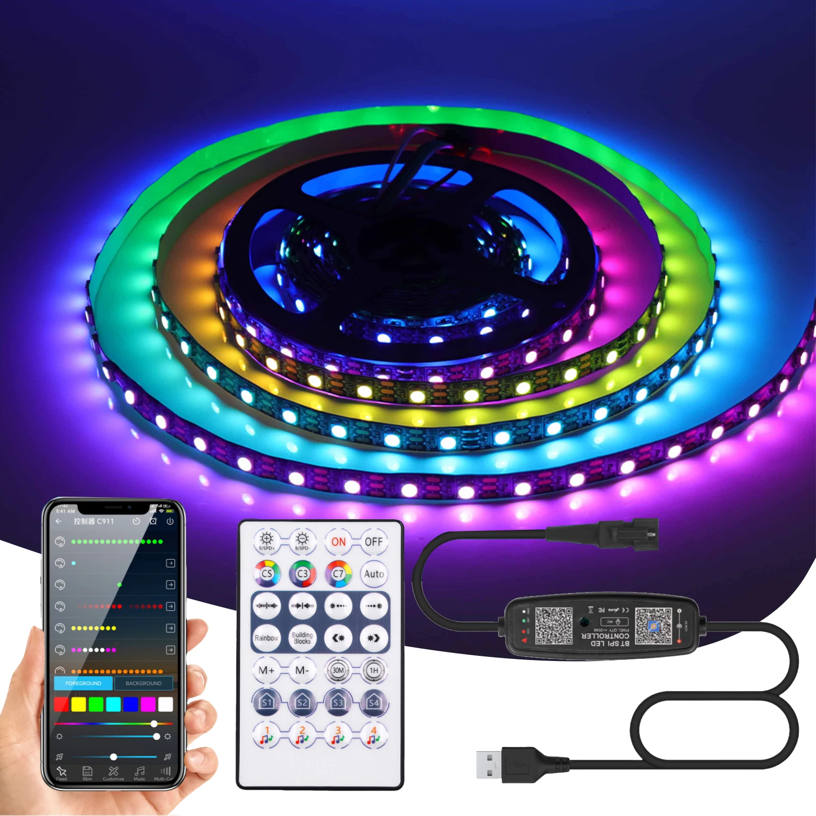 5V Addressable LED Strip WS2812B 30/60/74/96/144LEDs/m RGBIC LED Lights With USB Bluetooth Controller White Black PCB IP30/65/67